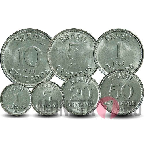 Набор монет Бразилии 1986 - 1988 гг - 7 монет