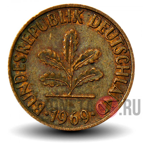 2 пфеннига 1969 года - ФРГ - Дуб - F