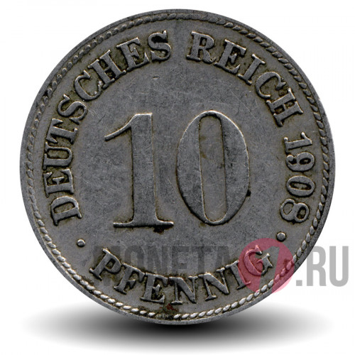10 пфеннигов 1908 года - Германская Империя - Вильгельм II - D
