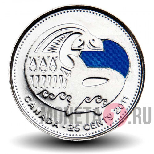 Цветная монета 25 центов 2011 года - Косатка - Канада