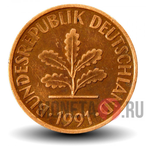 2 пфеннига 1991 года - ФРГ - Дуб - G