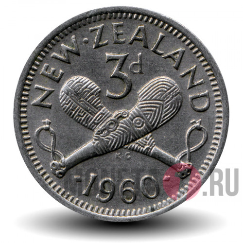 3 пенса 1960 года - Новая Зеландия - 2 дубины Пату