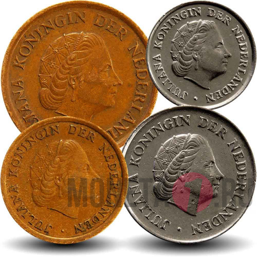 Набор разменных монет Нидерландов 1950-1980 гг - Королева Юлиана - 1, 5, 10 и 25 центов