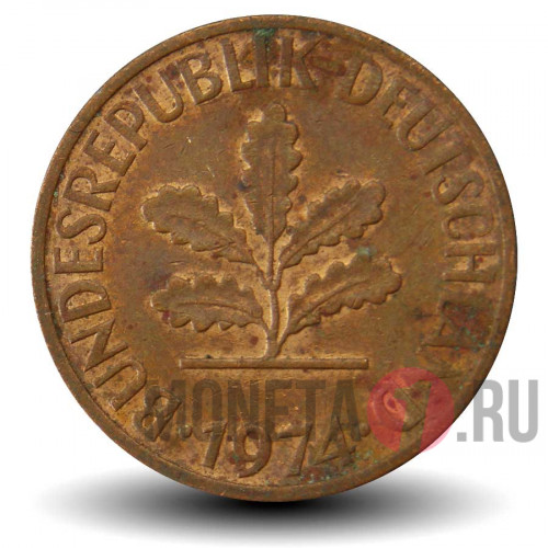 2 пфеннига 1974 года - ФРГ - Дуб - F