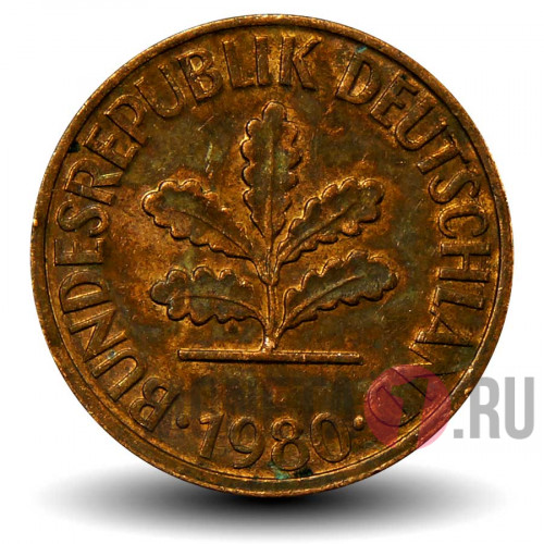2 пфеннига 1980 года - ФРГ - Дуб - F