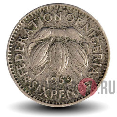 6 пенсов 1959 года - Федерация Нигерии - Какао-бобы