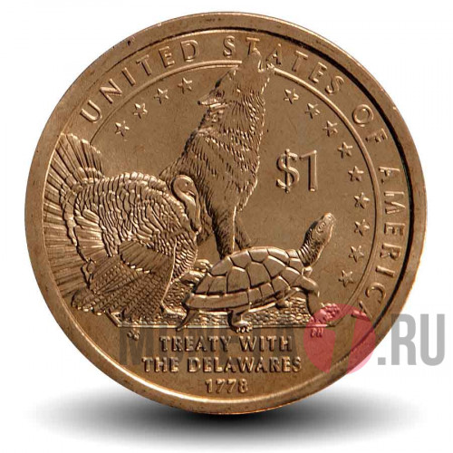 1 доллар - Индианка - Sacagawea Договор с делаварами (Волк и черепаха) - 2013 год - P