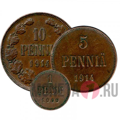 Набор монет царской Финляндии 1909-14 гг. - Император Николай II