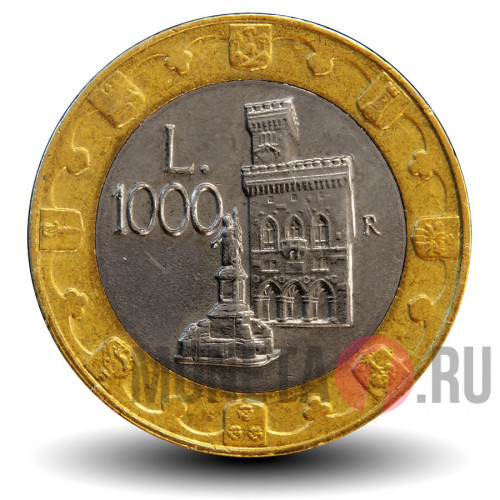 1000 лир 1997 года - Сан-Марино - Статуя Свободы и ратуша