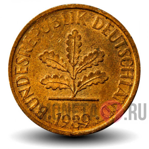 2 пфеннига 1989 года - ФРГ - Дуб - D