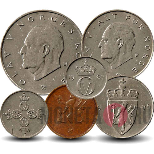 Набор монет Норвегии 1973-1996 гг - Король Олав V - 6 монет