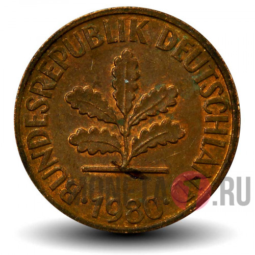 2 пфеннига 1980 года - ФРГ - Дуб - D