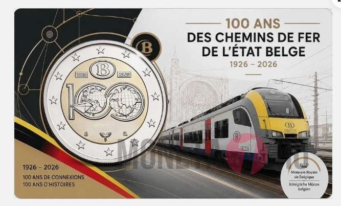 2 евро 2026 год. 100 лет государственным железным дорогам. Бельгия 