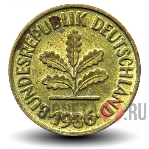 5 пфеннигов 1986 года - ФРГ - Дуб - D