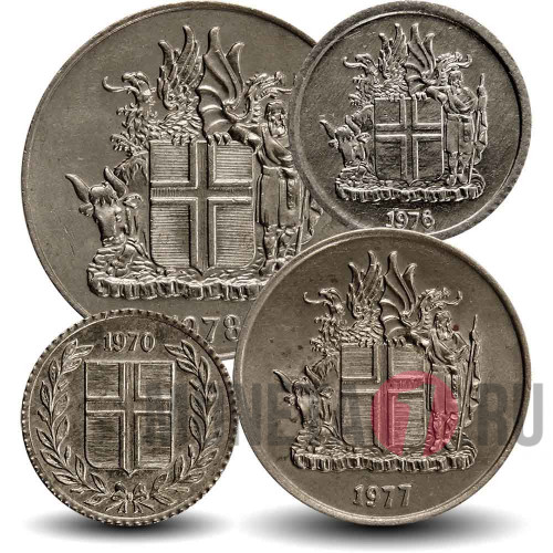 Набор монет Исландии 1967-1980 гг - 4 монеты